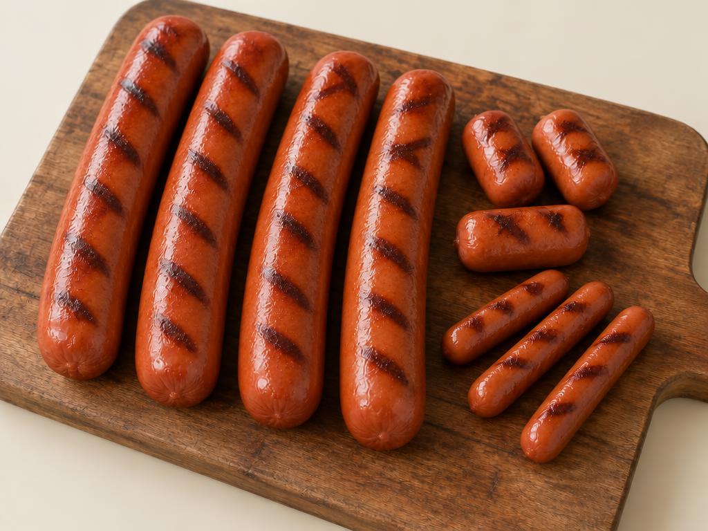 Grilled Chicago's Best franks of every size on a wooden chopping board